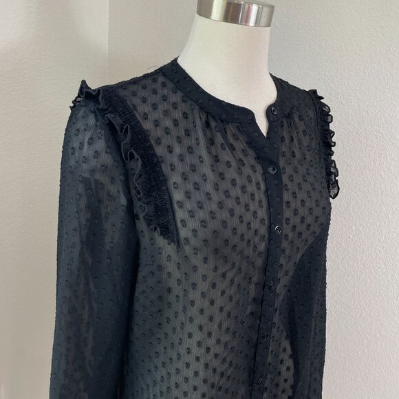 Express Womens Large Black Swiss Dot Sheer Blouse Long Sleeve Button Up Shirt - Picture 2 of 9